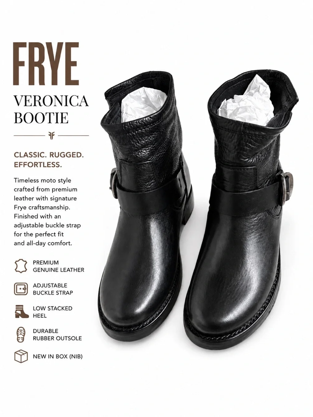 Frye Veronica Leather Moto Ankle Booties Black Women’s Size 6 NIB